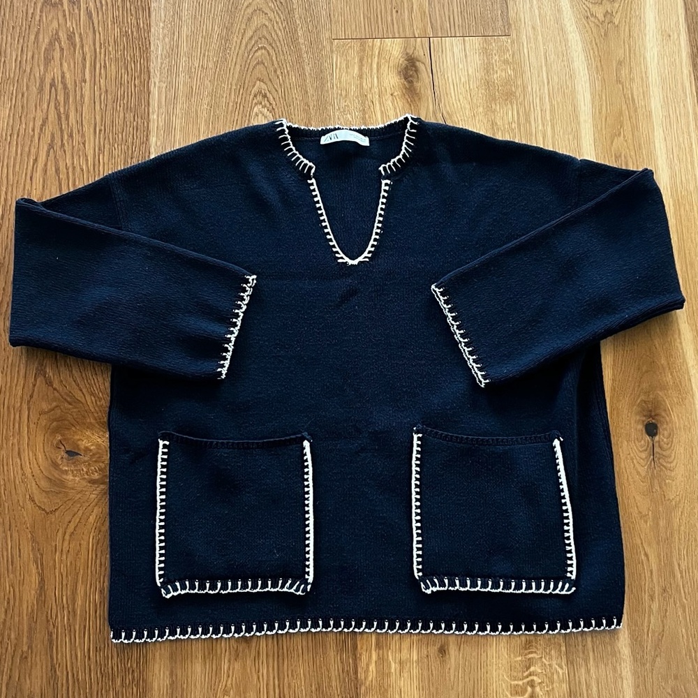 Zara Women's Black V-Neck Sweater with White Stitching